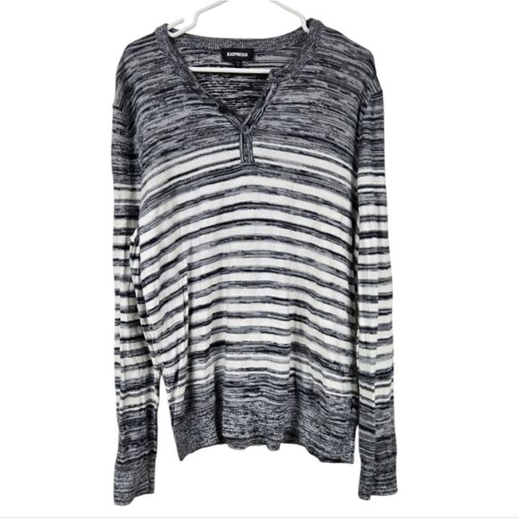 Express Men’s Striped Knit Sweater Henley Neck Black White Pullover Large Cotton - Picture 10 of 10